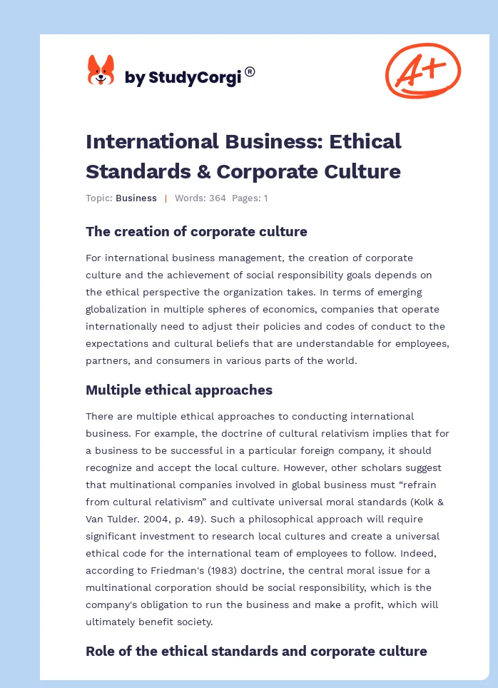 International Business: Ethical Standards & Corporate Culture. Page 1