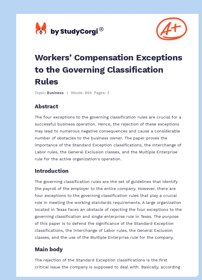 Workers’ Compensation Exceptions to the Governing Classification Rules. Page 1