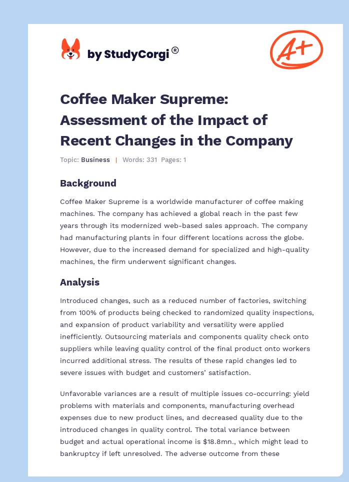 Coffee Maker Supreme: Assessment of the Impact of Recent Changes in the Company. Page 1