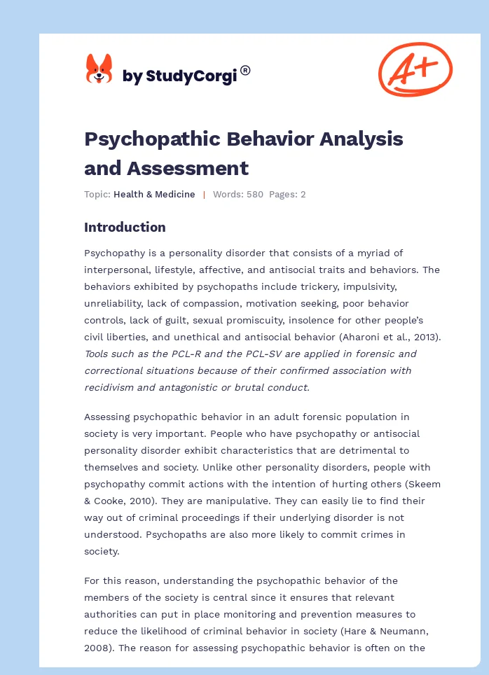 Psychopathic Behavior Analysis and Assessment. Page 1