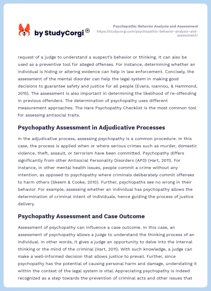 Psychopathic Behavior Analysis and Assessment. Page 2