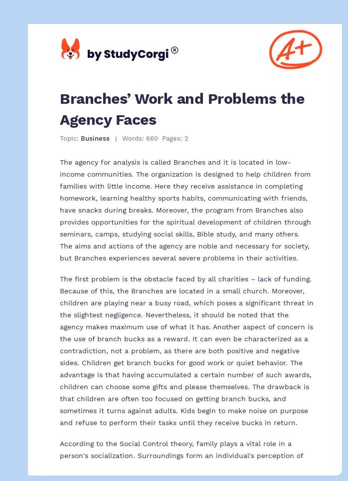 Branches’ Work and Problems the Agency Faces. Page 1