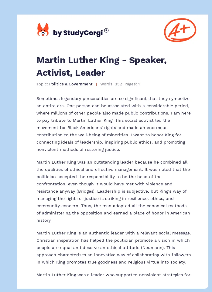 Martin Luther King - Speaker, Activist, Leader. Page 1