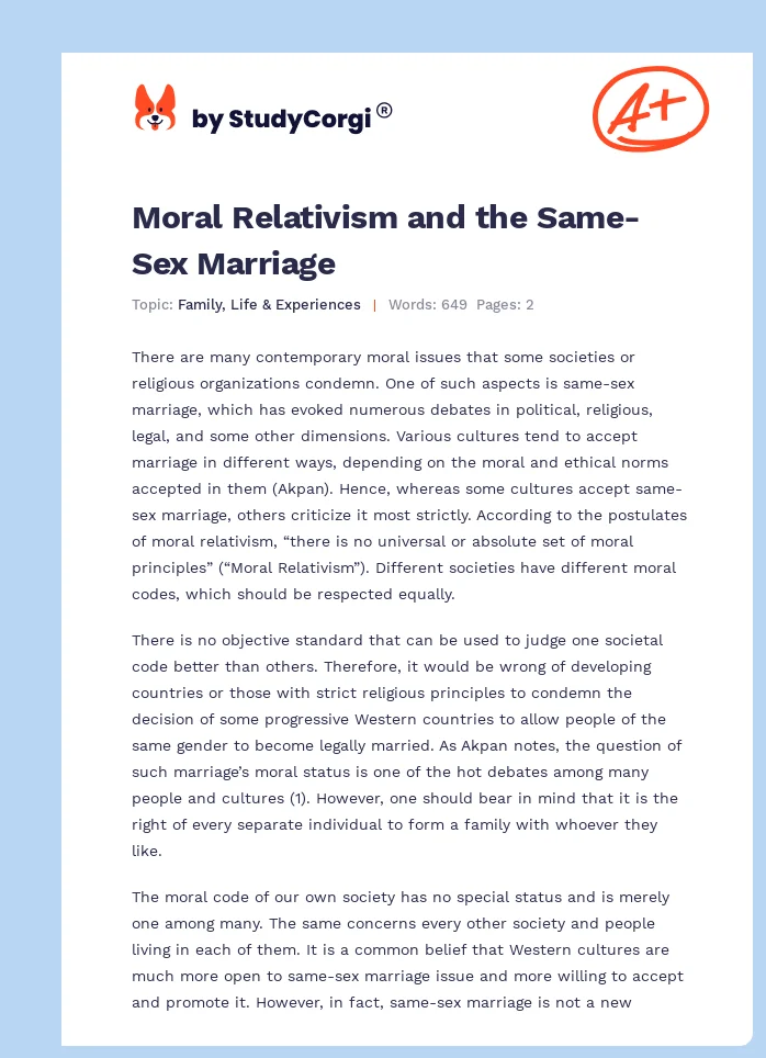 Moral Relativism and the Same-Sex Marriage. Page 1