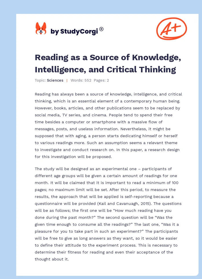 Reading as a Source of Knowledge, Intelligence, and Critical Thinking. Page 1