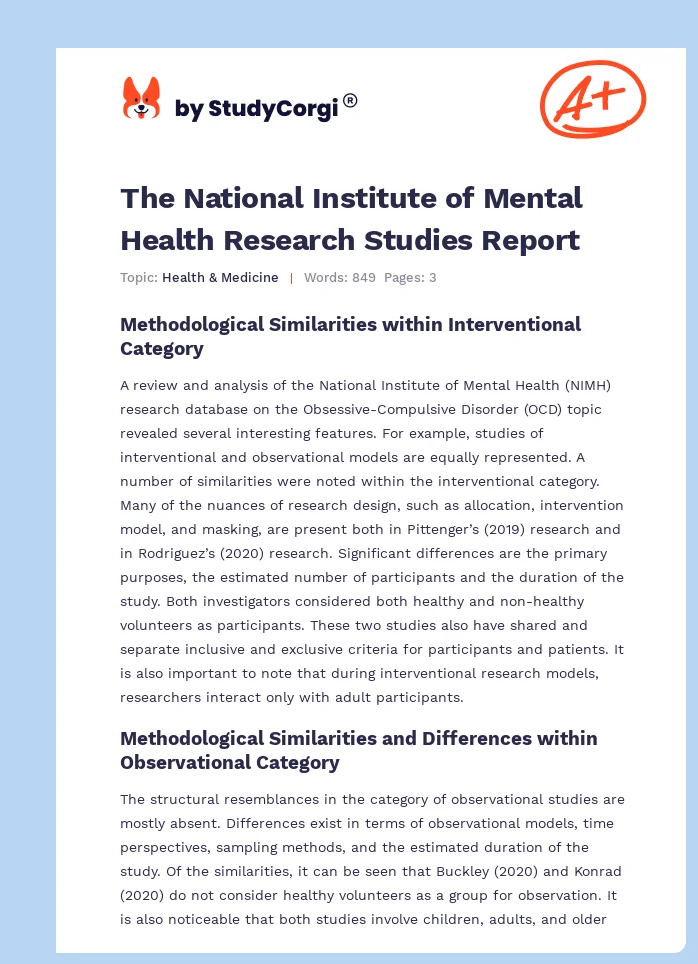 The National Institute of Mental Health Research Studies Report. Page 1