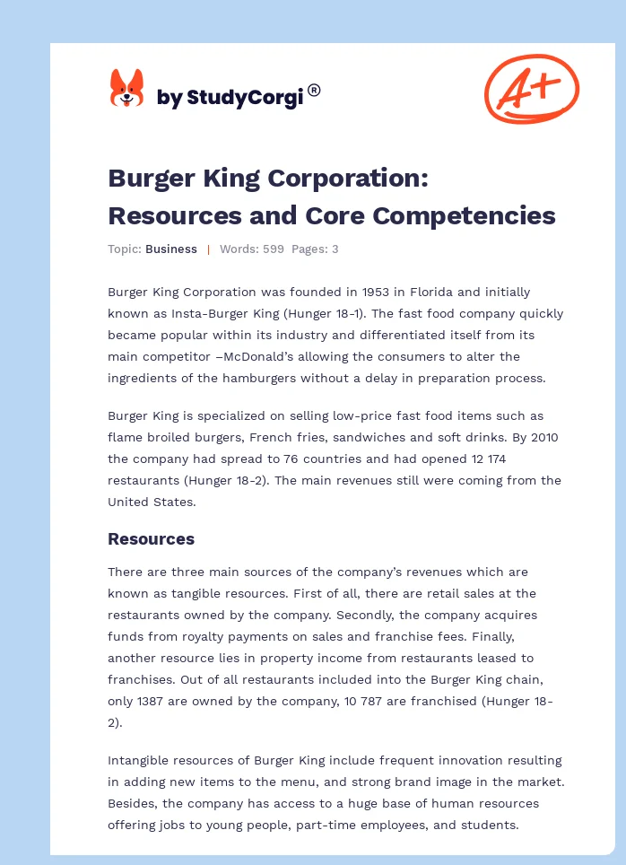 Burger King Corporation: Resources and Core Competencies. Page 1