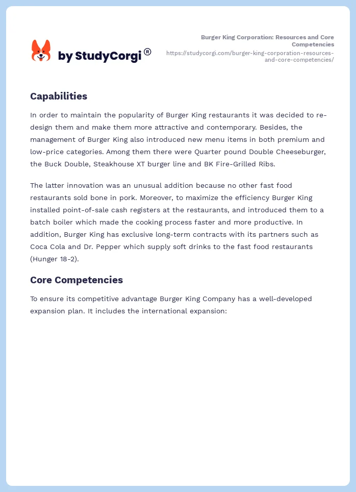 Burger King Corporation: Resources and Core Competencies. Page 2