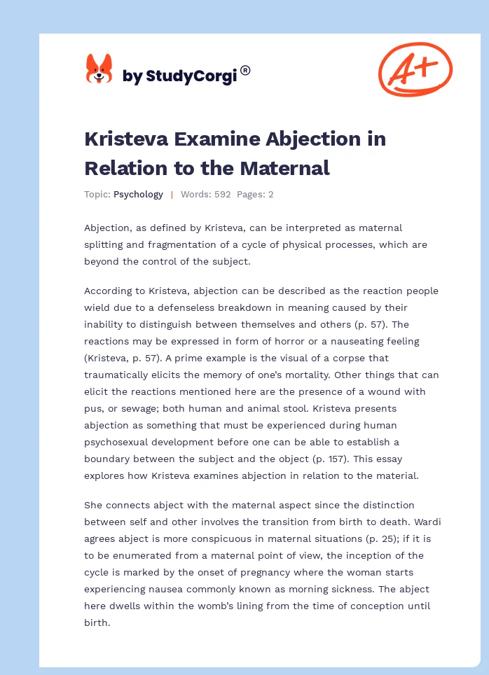 Kristeva Examine Abjection in Relation to the Maternal. Page 1