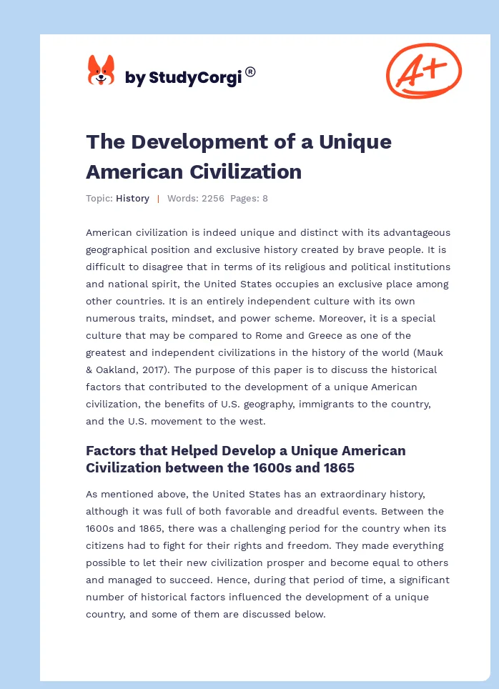 The Development of a Unique American Civilization. Page 1