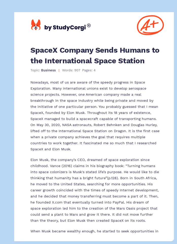 SpaceX Company Sends Humans to the International Space Station. Page 1