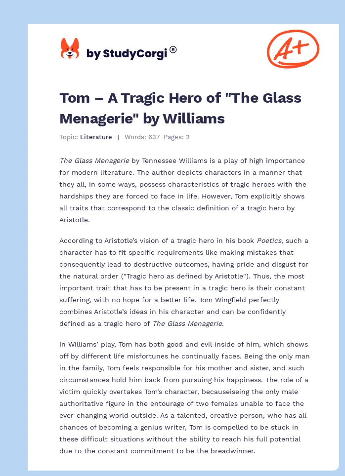 Tom – A Tragic Hero of "The Glass Menagerie" by Williams. Page 1