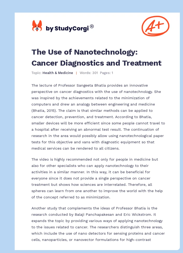 The Use of Nanotechnology: Cancer Diagnostics and Treatment. Page 1