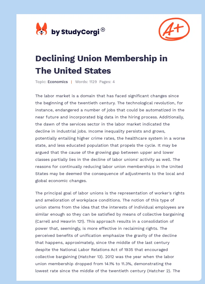 Declining Union Membership in The United States. Page 1