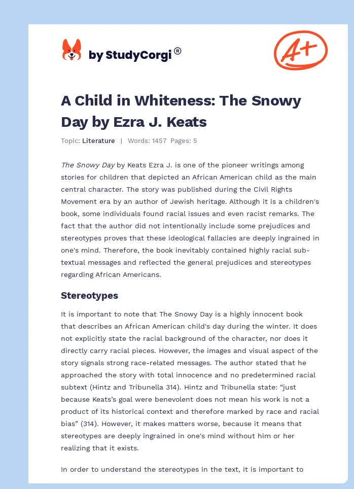 A Child in Whiteness: The Snowy Day by Ezra J. Keats. Page 1