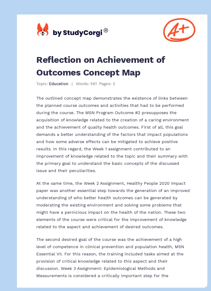 Reflection on Achievement of Outcomes Concept Map. Page 1