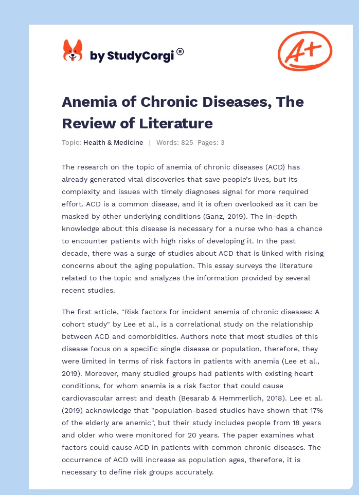 Anemia of Chronic Diseases, The Review of Literature. Page 1