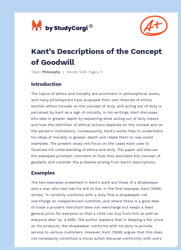 Kant’s Descriptions of the Concept of Goodwill. Page 1