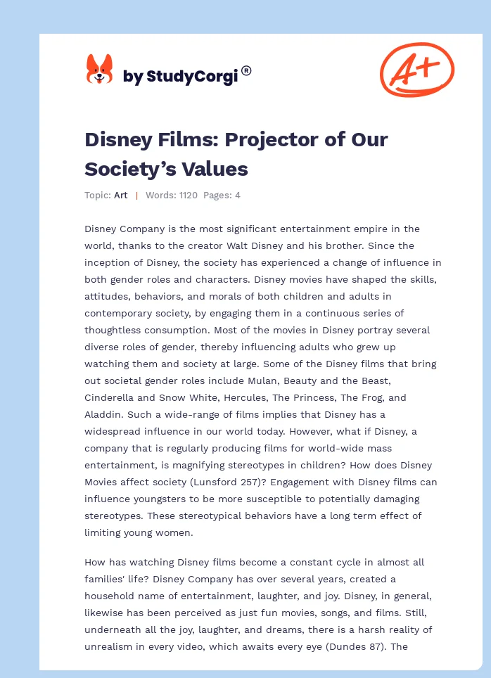 Disney Films: Projector of Our Society’s Values. Page 1