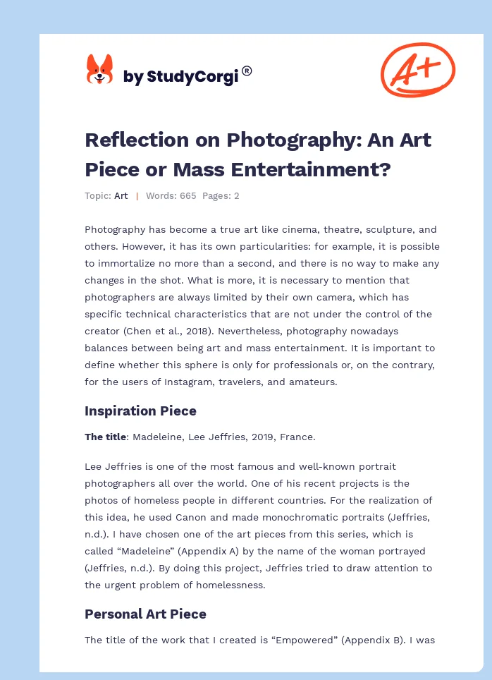 Reflection on Photography: An Art Piece or Mass Entertainment?. Page 1