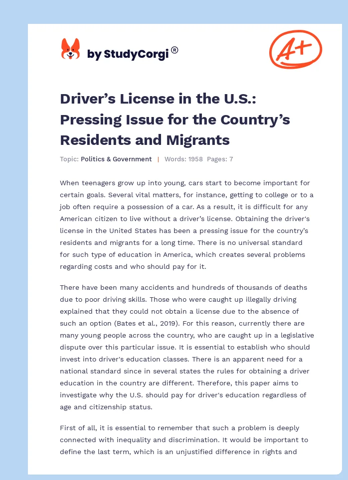 Driver’s License in the U.S.: Pressing Issue for the Country’s Residents and Migrants. Page 1