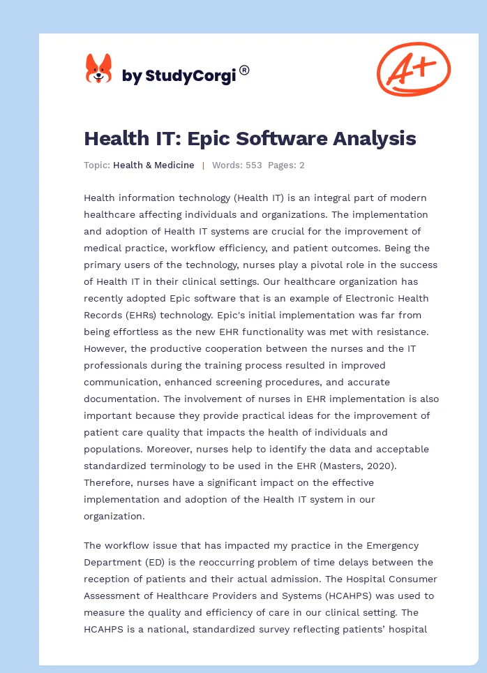 Health IT: Epic Software Analysis. Page 1