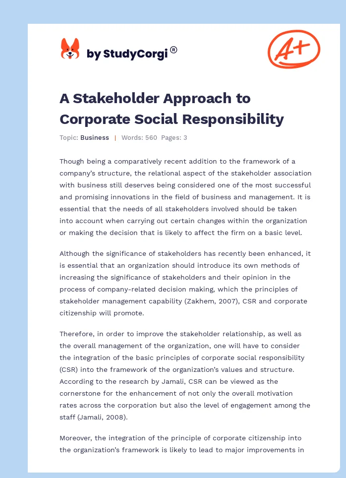 A Stakeholder Approach to Corporate Social Responsibility. Page 1