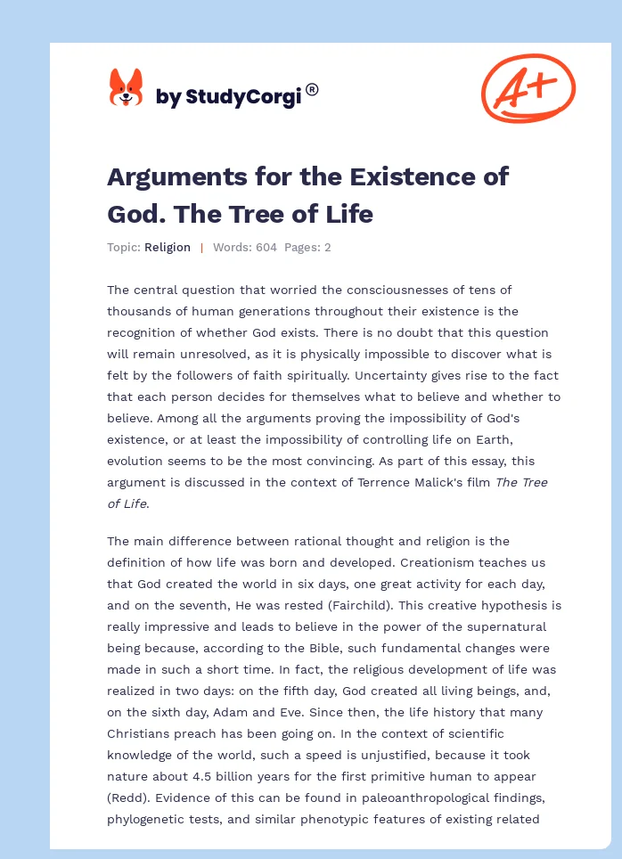 Arguments for the Existence of God. The Tree of Life. Page 1
