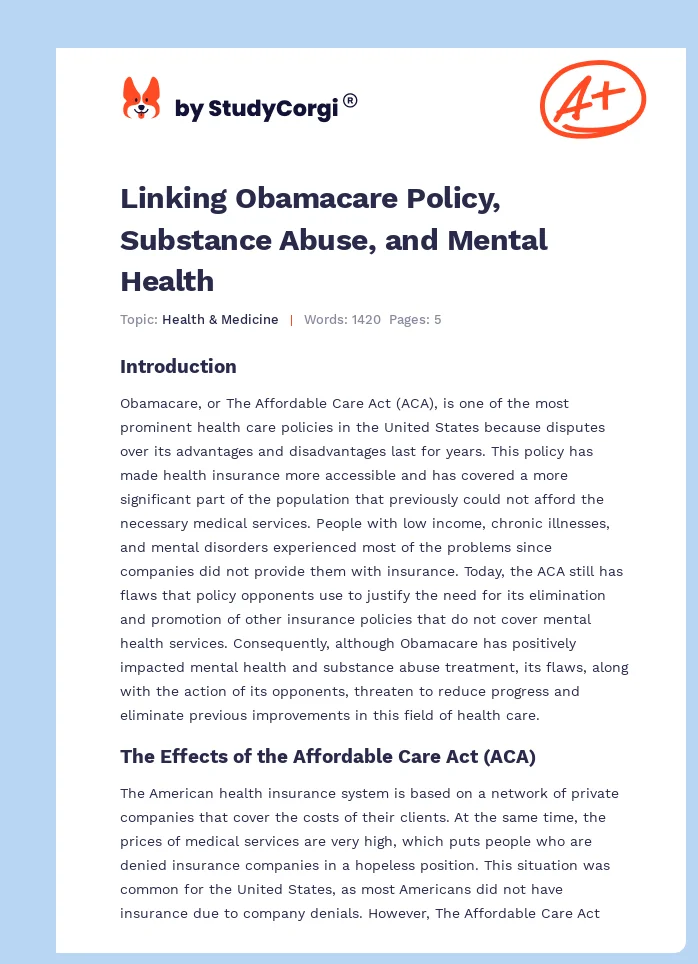 Linking Obamacare Policy, Substance Abuse, and Mental Health. Page 1