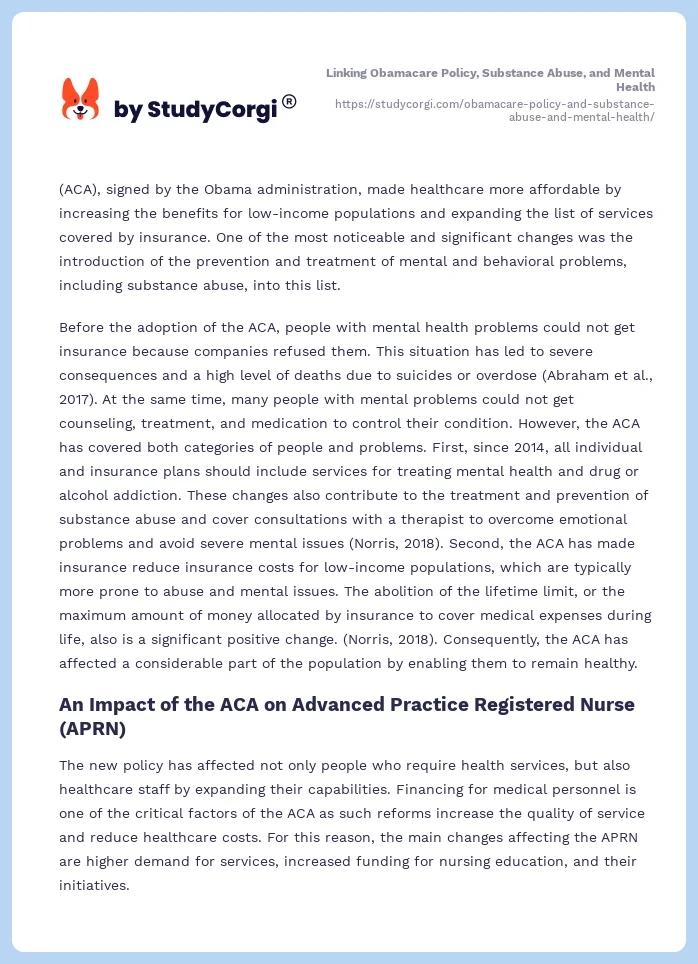 Linking Obamacare Policy, Substance Abuse, and Mental Health. Page 2