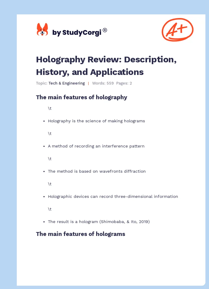 Holography Review: Description, History, and Applications. Page 1