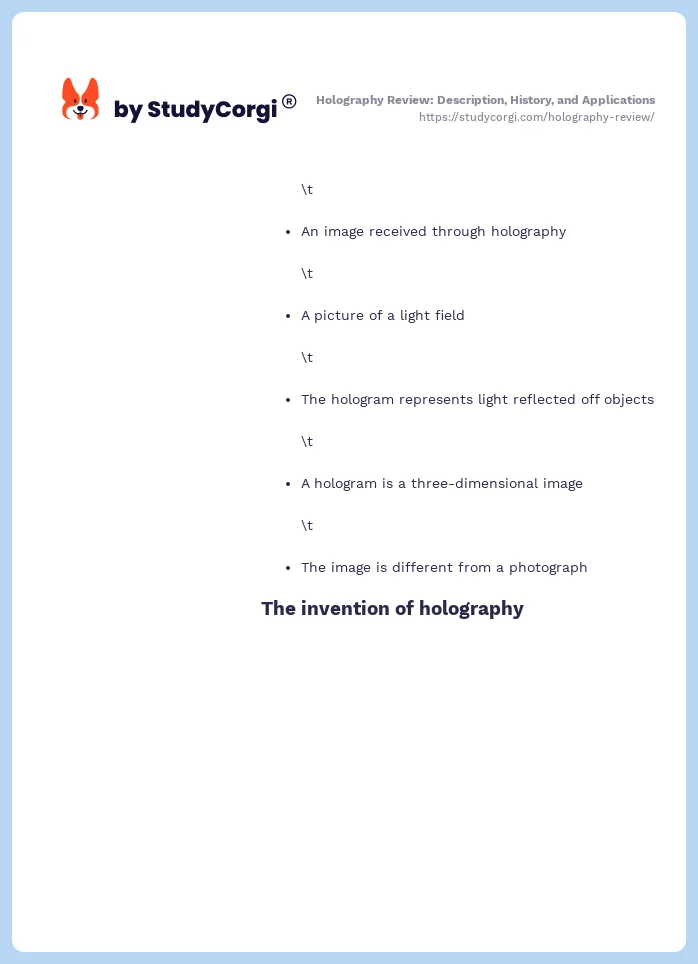 Holography Review: Description, History, and Applications. Page 2