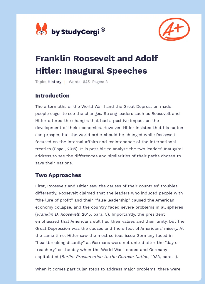 Franklin Roosevelt and Adolf Hitler: Inaugural Speeches. Page 1