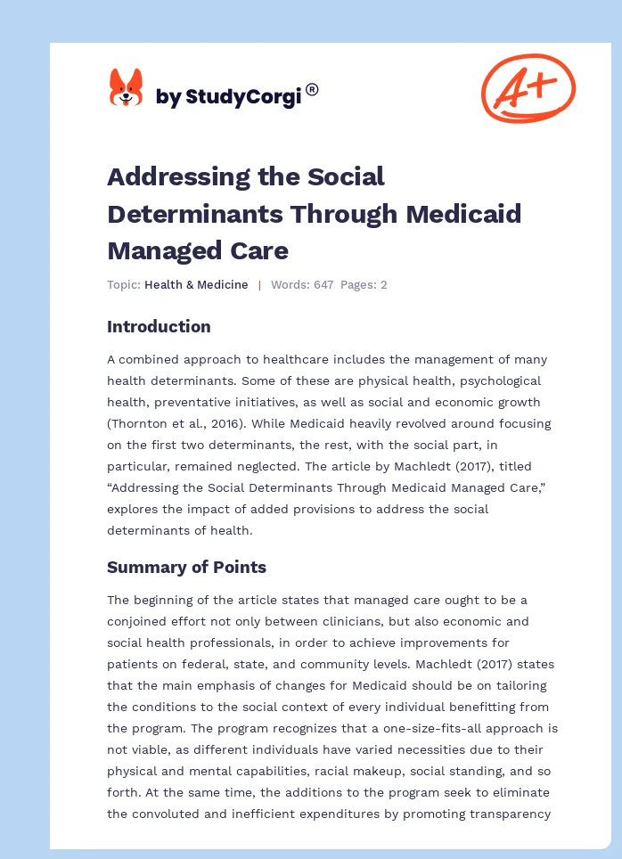 Addressing the Social Determinants Through Medicaid Managed Care. Page 1