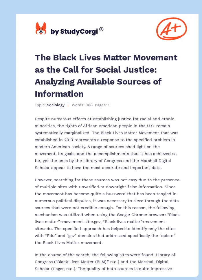 The Black Lives Matter Movement as the Call for Social Justice: Analyzing Available Sources of Information. Page 1