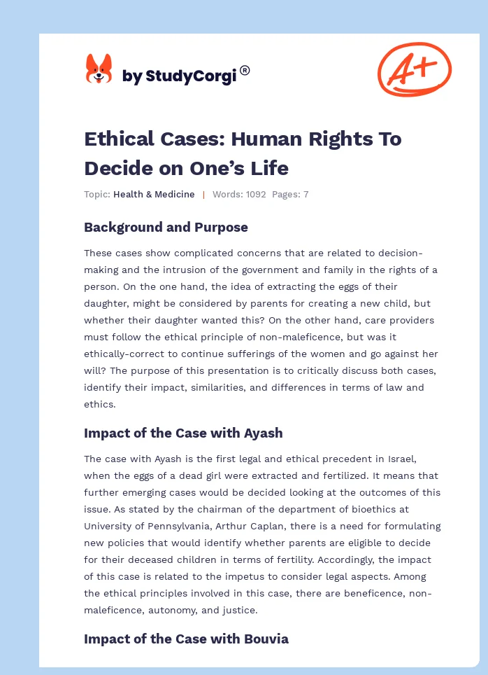 Ethical Cases: Human Rights To Decide on One’s Life. Page 1