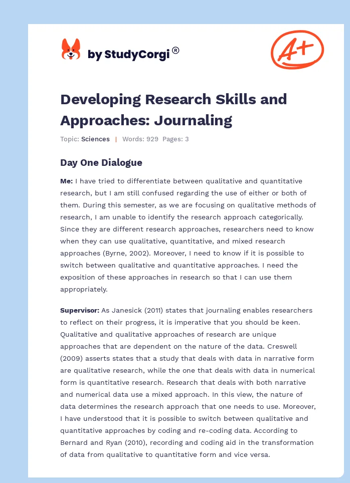 Developing Research Skills and Approaches: Journaling. Page 1