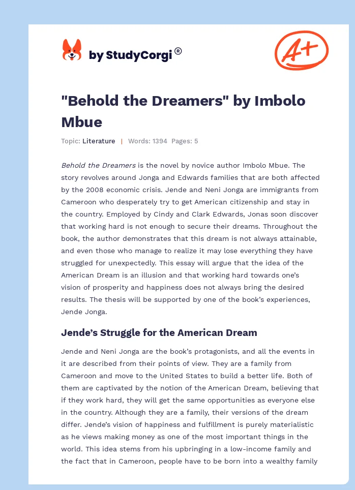 "Behold the Dreamers" by Imbolo Mbue. Page 1
