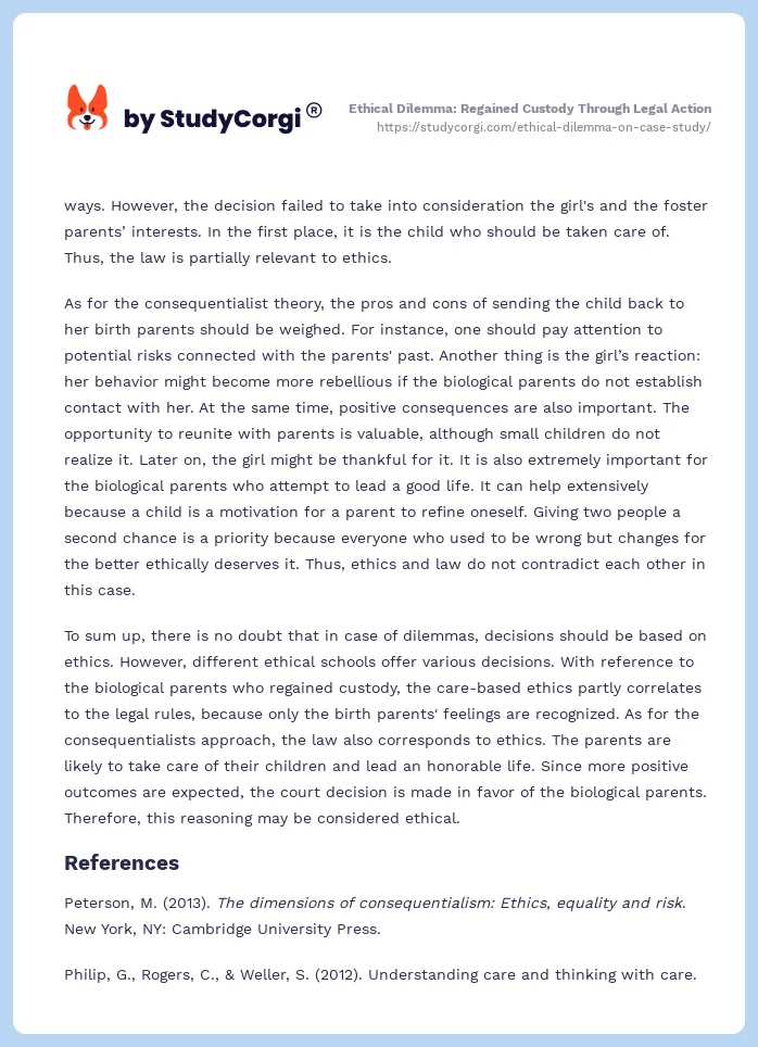 Ethical Dilemma: Regained Custody Through Legal Action. Page 2