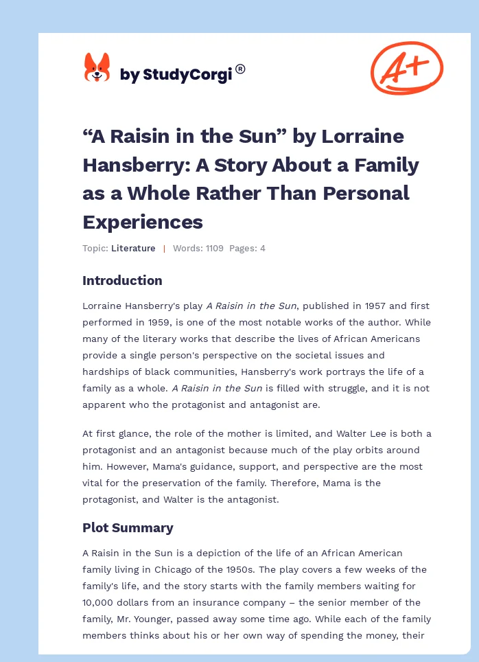 “A Raisin in the Sun” by Lorraine Hansberry: A Story About a Family as a Whole Rather Than Personal Experiences. Page 1