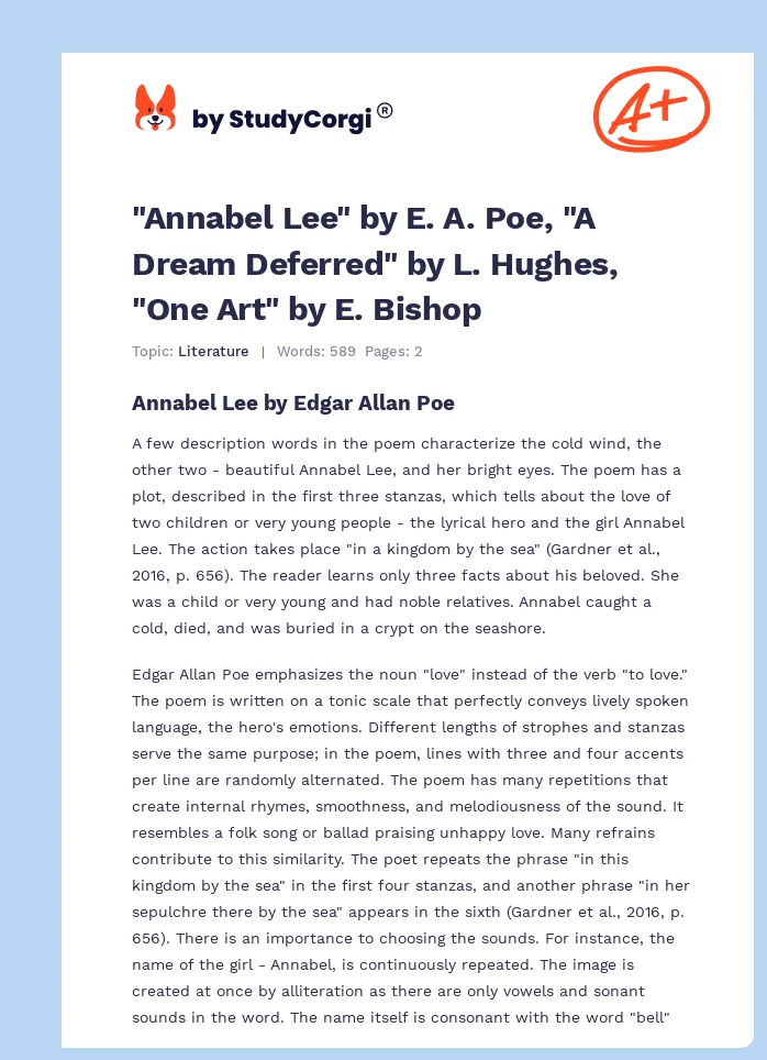 "Annabel Lee" by E. A. Poe, "A Dream Deferred" by L. Hughes, "One Art" by E. Bishop. Page 1