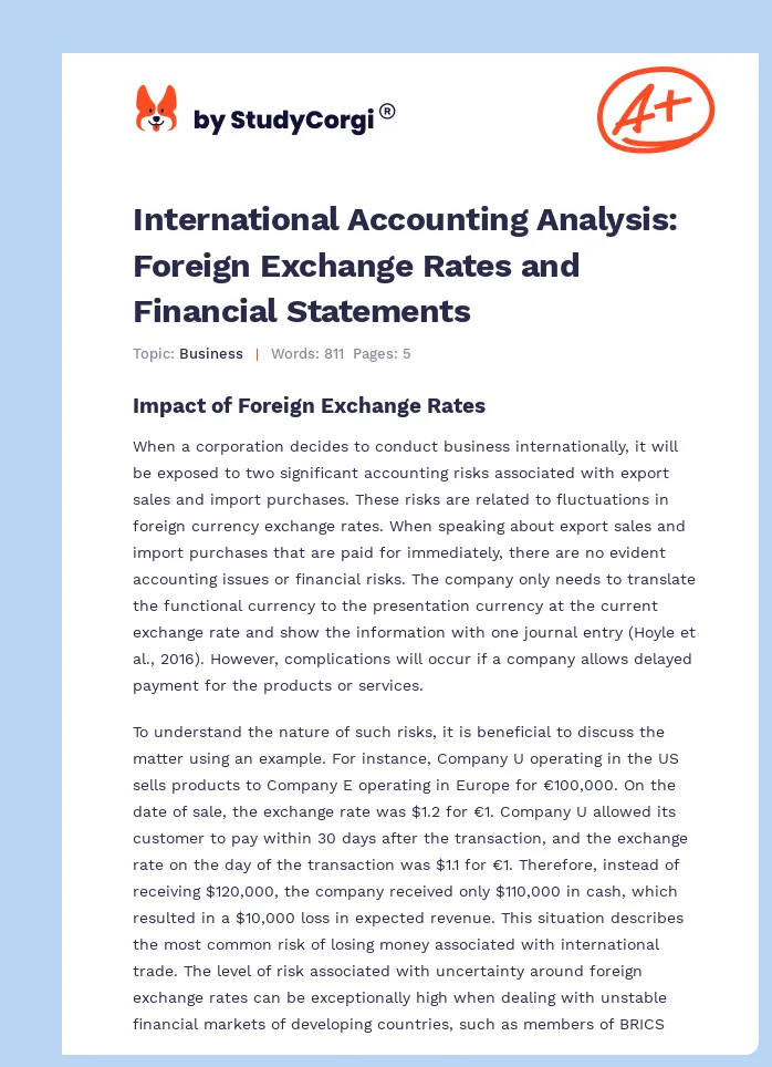 International Accounting Analysis: Foreign Exchange Rates and Financial Statements. Page 1