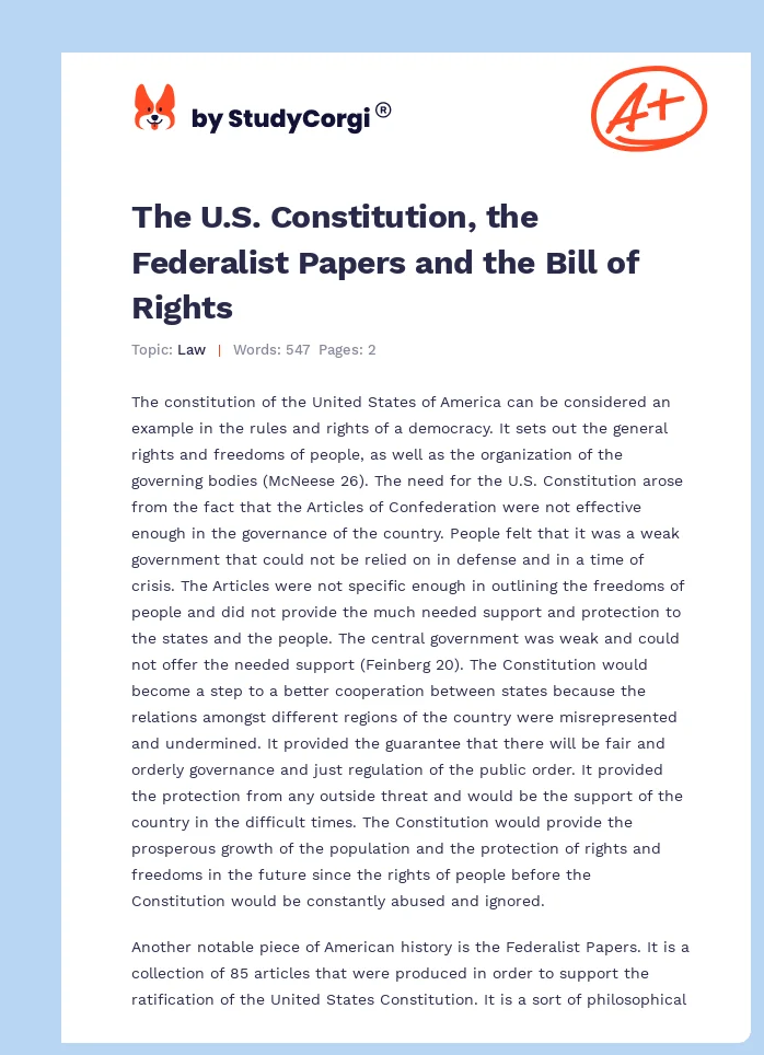 The U.S. Constitution, the Federalist Papers and the Bill of Rights. Page 1