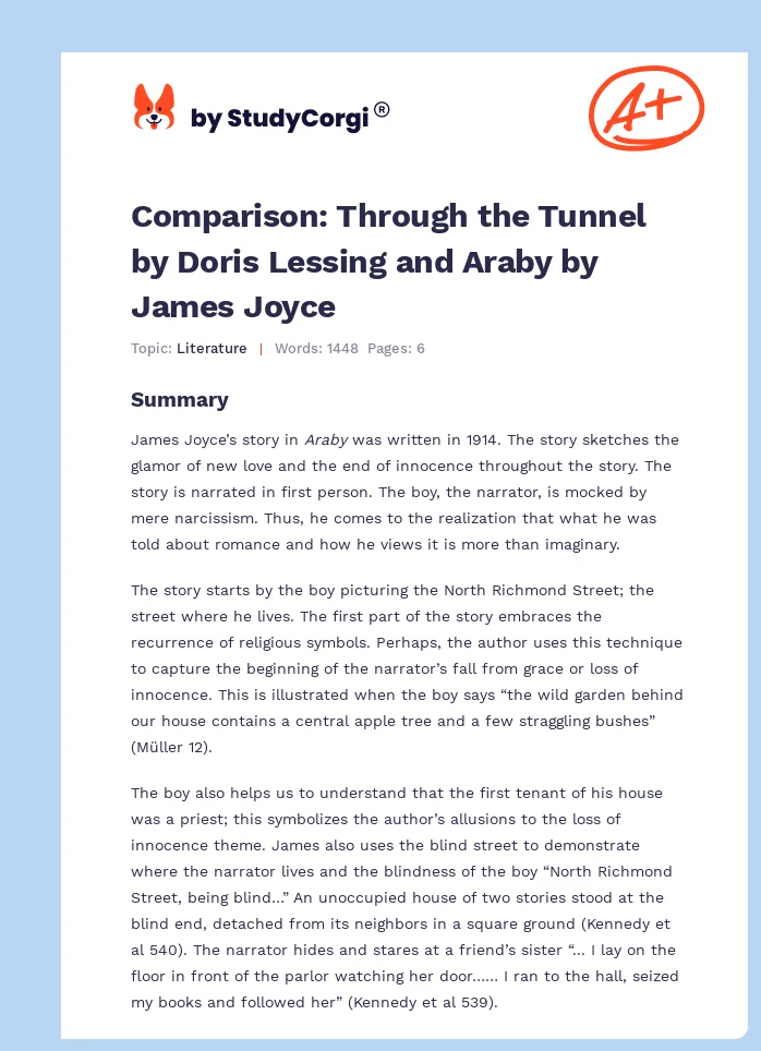 Comparison: Through the Tunnel by Doris Lessing and Araby by James Joyce. Page 1