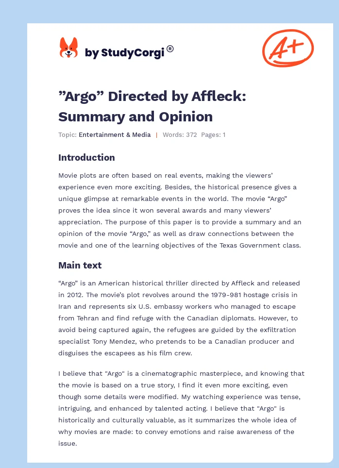 ”Argo” Directed by Affleck: Summary and Opinion. Page 1
