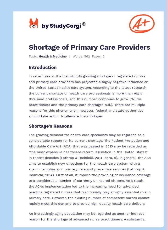 Shortage of Primary Care Providers. Page 1