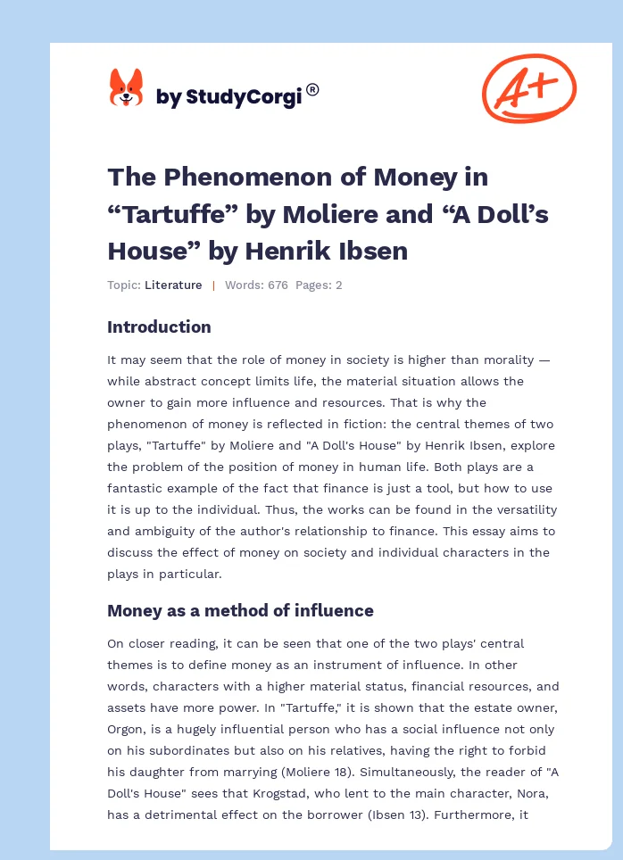 The Phenomenon of Money in “Tartuffe” by Moliere and “A Doll’s House” by Henrik Ibsen. Page 1