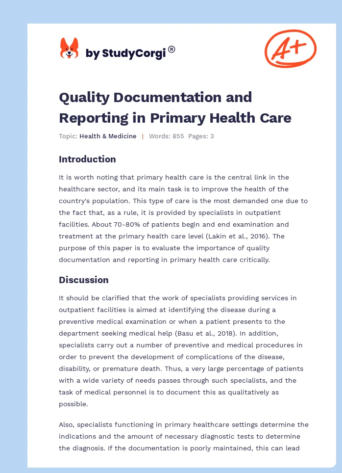 Quality Documentation and Reporting in Primary Health Care. Page 1