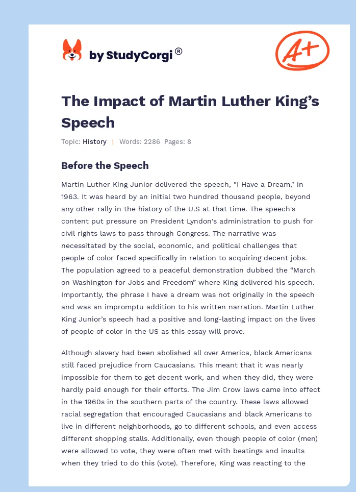 The Impact of Martin Luther King’s Speech. Page 1
