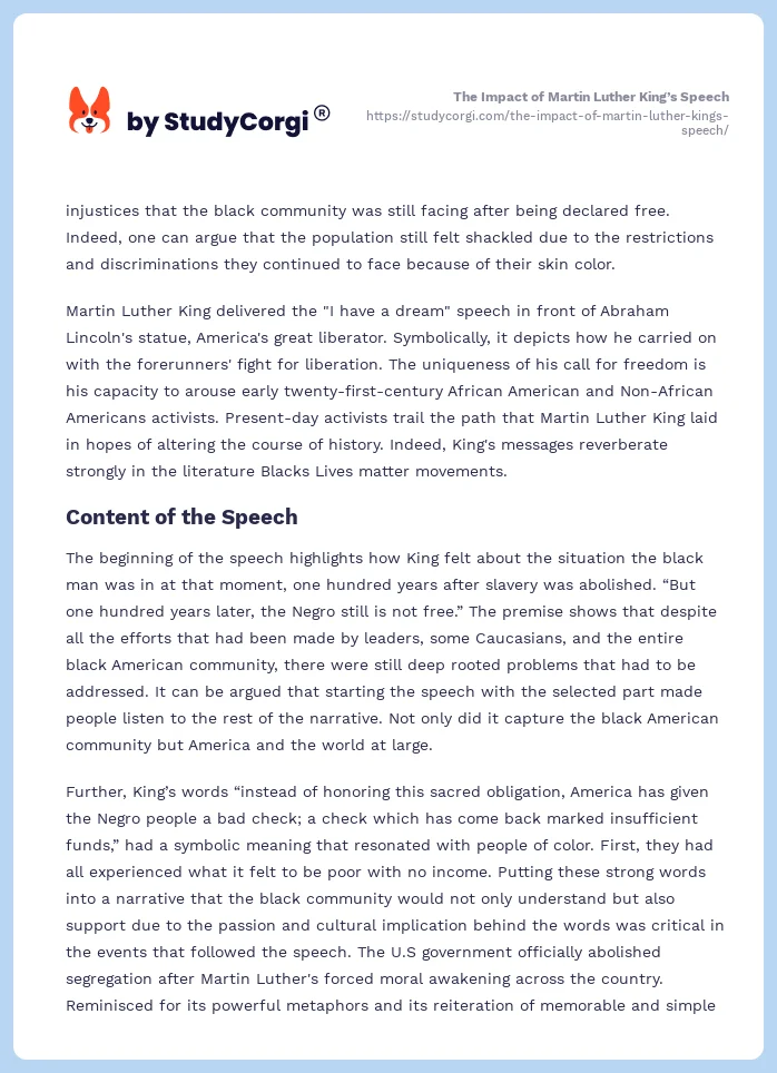 The Impact of Martin Luther King’s Speech. Page 2